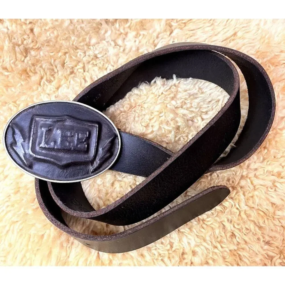 Lee Cowboy Brown Leather Belt With Oval Metal Buckle Made In Italy